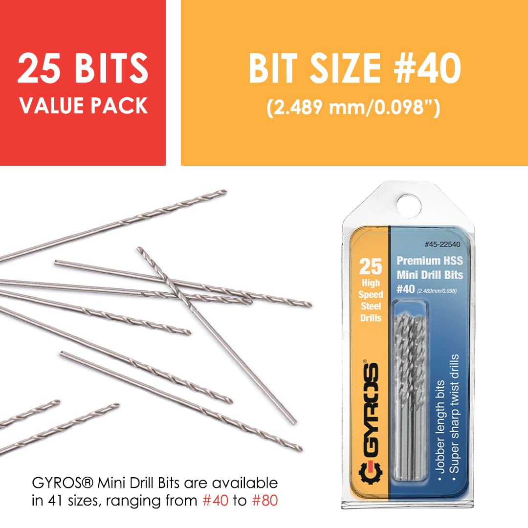 GYROS 25 PCS #40 Micro Drill Bit Set – Small Drill Bits for Jewelry, Plastic, Resin, & Soft Metal – High-Speed Steel Wire Gauge Mini Twist Drill Bit Set for Pin Vise Hand Drill & Rotary Tool