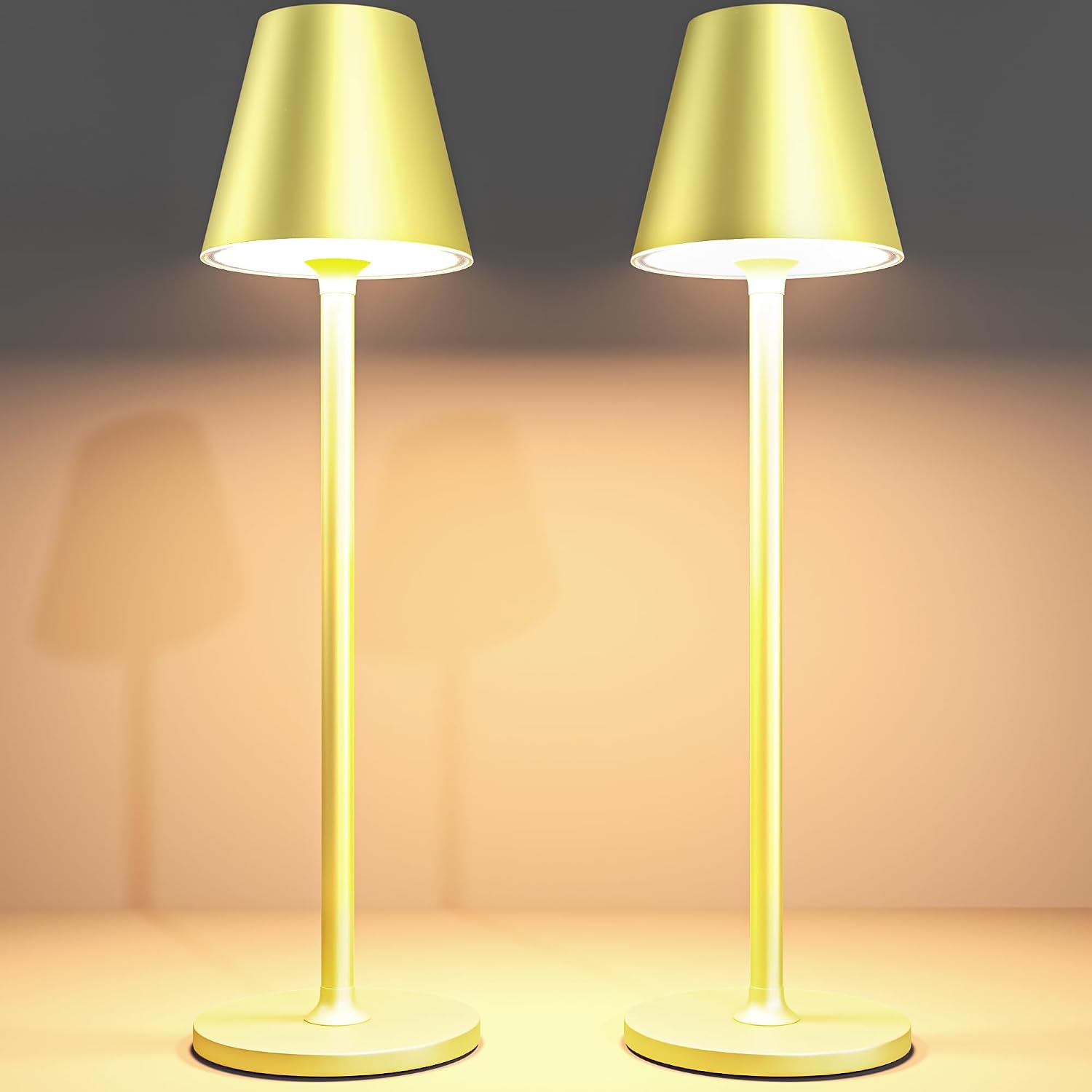 Timjorman 2-Pack Cordless Table Lamps - 5000mAh Rechargeable Battery Operated Desk Lamp, 3-Level Dimmable LED Night Light for Bedroom, Dining, Restaurant - Metal Design (Champagne Gold 2Pack)