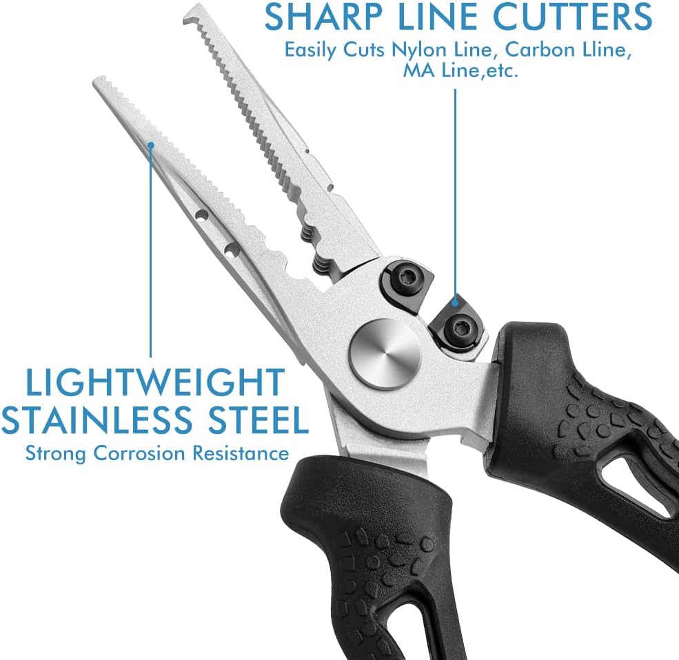 TRUSCEND Easy Use Fishing Pliers with Line Cutter, Stainless Steel Fishing Tools, Muti-Function Hook Remover and Split Ring Plier Set, Spring-Loaded Jaws & Ergonomic Grip, Fishing Gear Gifts for Men