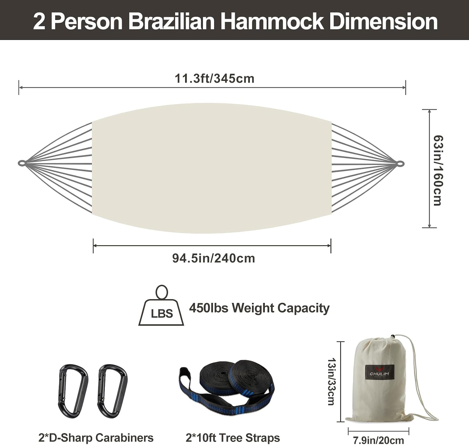 Brazilian Double Hammock with Tree Straps, Extra Large, 450 lbs Capacity