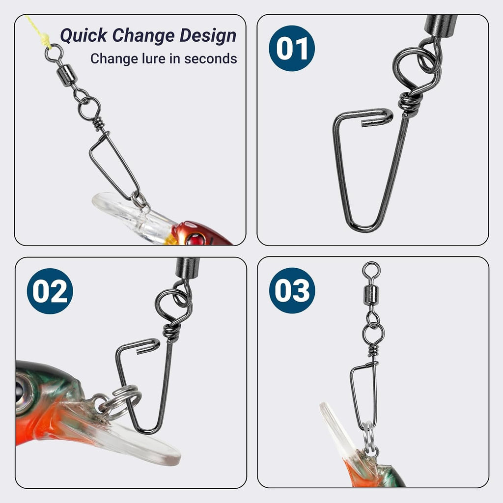 QISHUO Barrel Stainless Snap Swivels Strength Saltwater Lure Connector Fishing Steel Clips Fishing Swivel Rolling Black Nickel