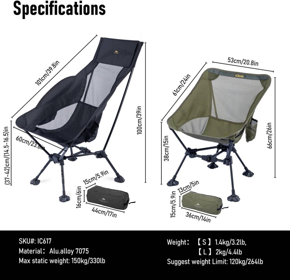 iClimb Ultralight Compact Folding Anti-Sinking Chair, High Back, Green