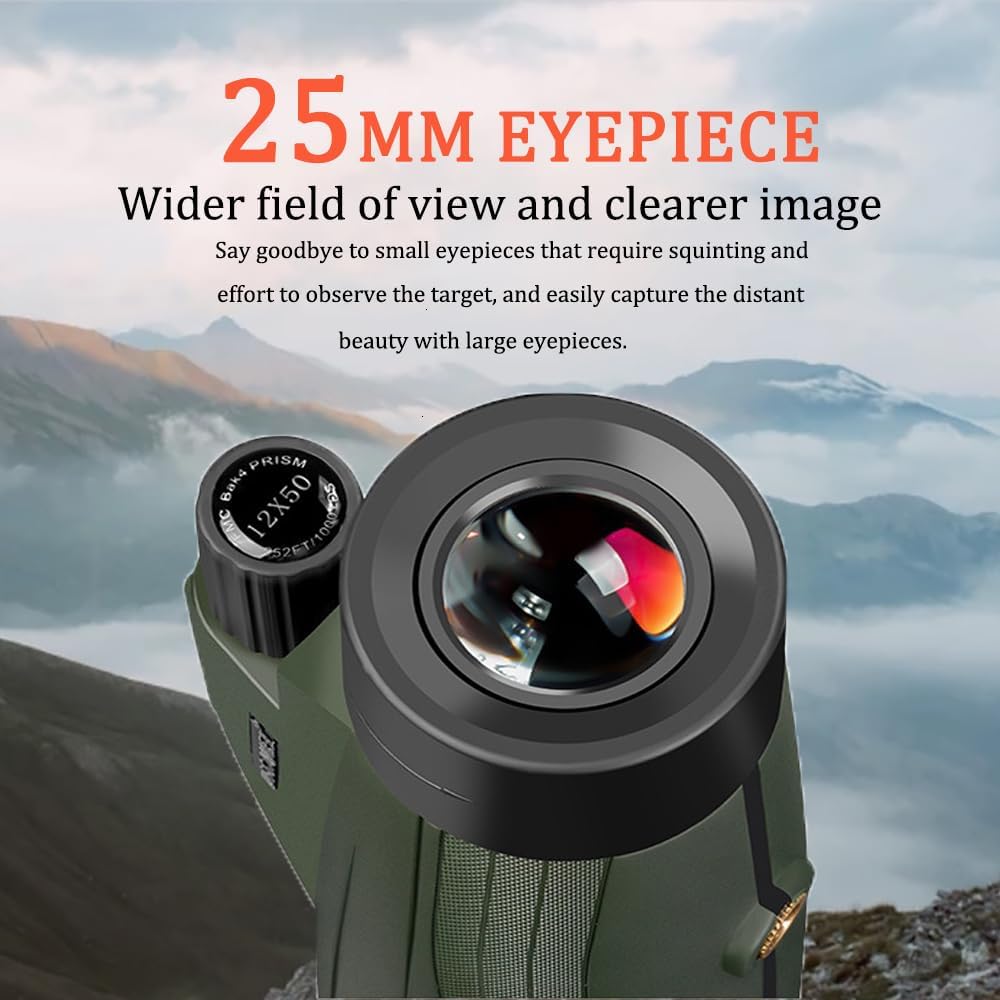 12X50 Monoculars for Adults High Powered Panoramic Low-Light Night Vision Monocular Portable Telescope - Waterproof Monoculars -BAK4 Prism FMC for Bird Watching Hunting
