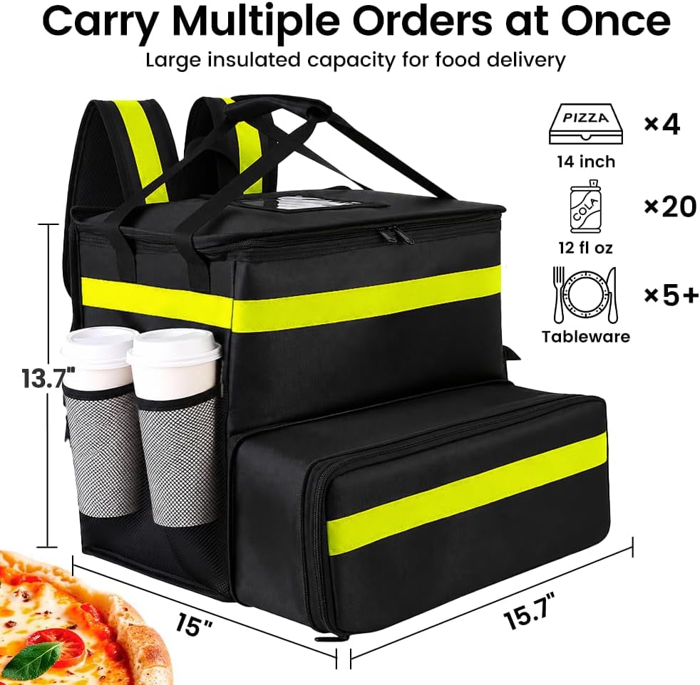 Insulated Food Delivery Backpack with Cup Holders, Expandable Bag