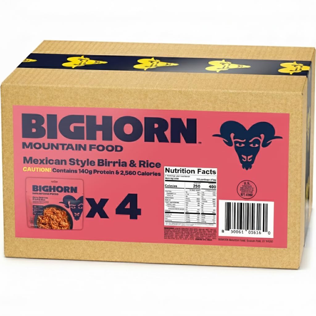 BIGHORN Mountain Food Mexican Style Birria and Rice - contains 4 packs | 8 servings | 140g Protein | 2,560 Calories - premium freeze dried meals for backpacking food - dehydrated camping food for backpacking meal - just add water - great taste
