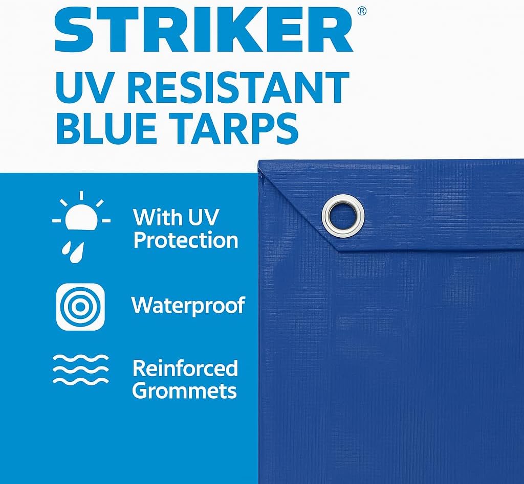 Striker Blue Tarp, Waterproof, UV Resistent, Covers 384 Sq. Ft 20' X 20'