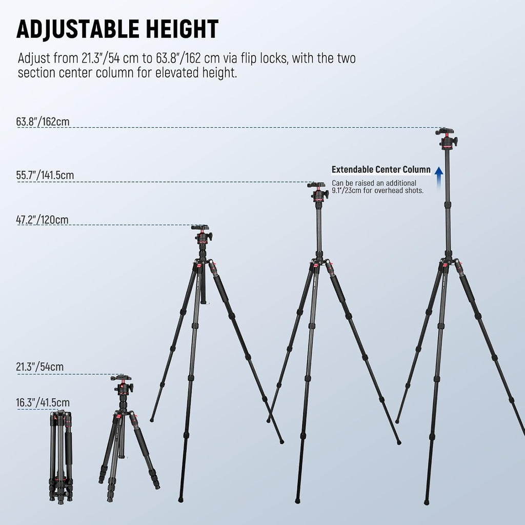 NEEWER Basics Carbon Fiber Travel Tripod Monopod, 64" Compact Lightweight Portable Camera Cell Phone Holder Stand Compatible with iPhone Video Recording, Arca Type Ball Head, Max Load 13.2 lbs, TP17B