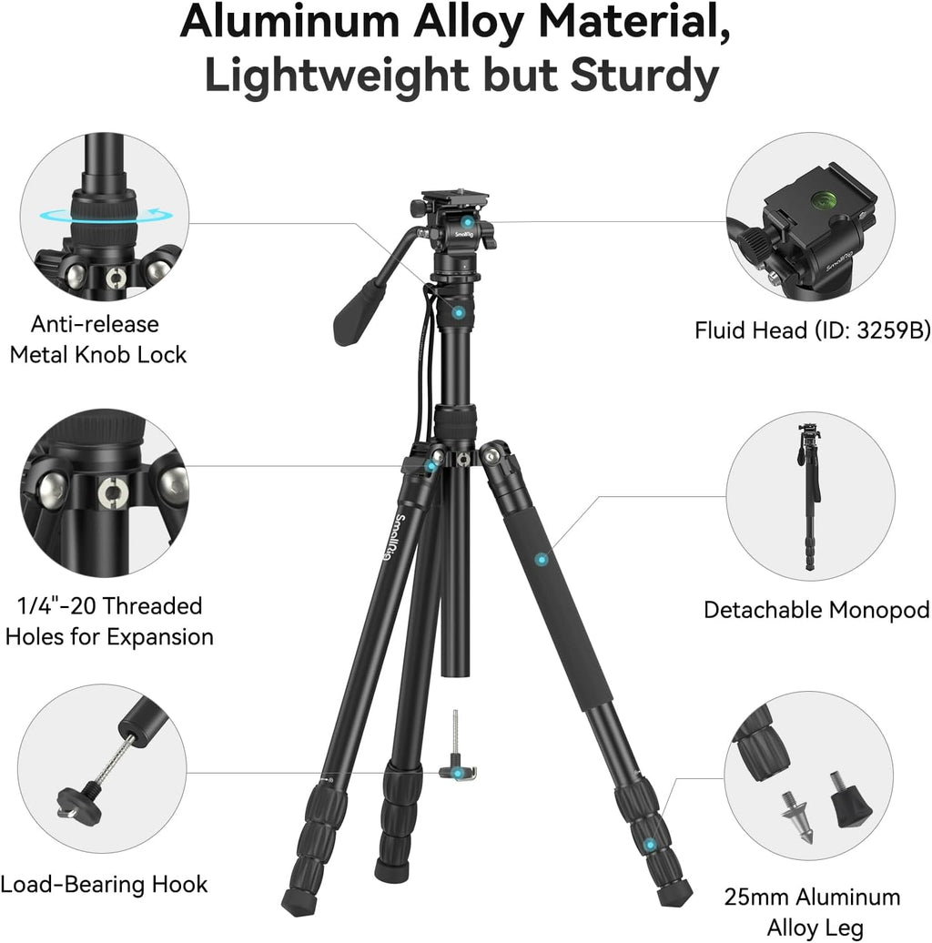 SmallRig CT180 Video Tripod, 72" Camera Tripod Monopod with Fluid Head, Aluminum Camera Tripod, 360° Panorama Fluid Head for Travel, Video, Live Streaming, Vlogging- 3760B