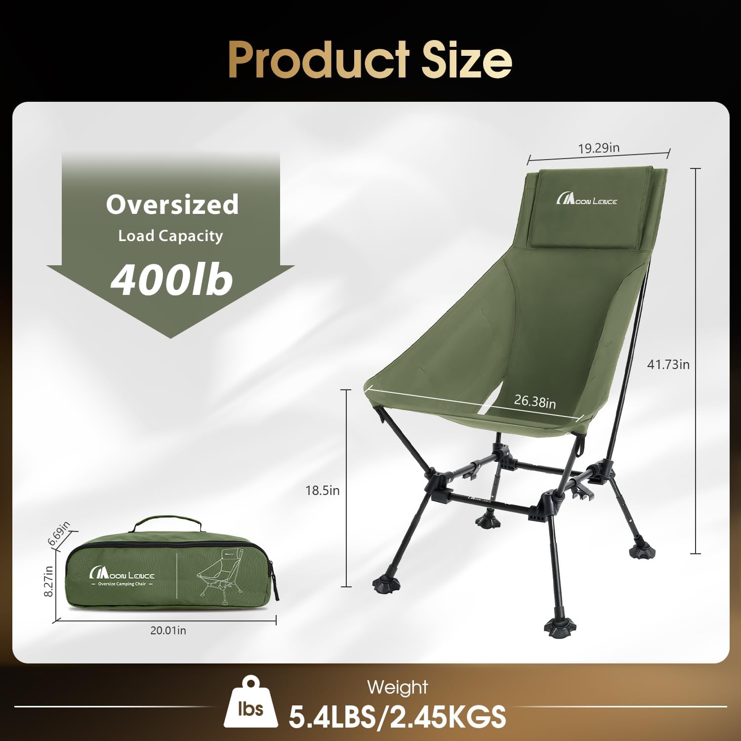 MOON LENCE Oversized High Back Camping Chair for Adults, Height Adjustable Folding Camp Chair | 400 lbs Capacity & 5.4 lbs Weight, Hidden Pillow Pocket Wide Seat for Camping Fishing Overlanding, Green
