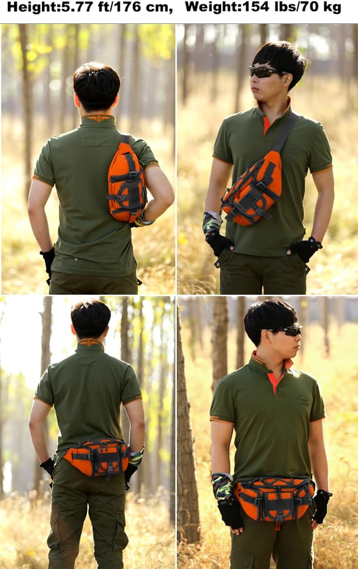 ArcEnCiel Tactical Fanny Pack for Men Women Waist Bag Hip Belt Outdoor Hiking Fishing Bumbag with Patch (Orange)