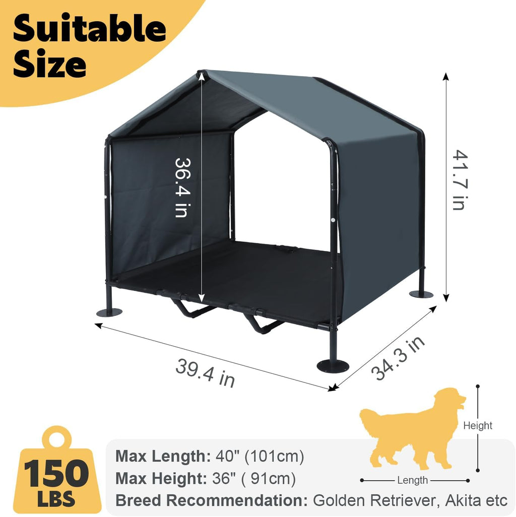 Large Dog Shade with Elevated Dog Bed, Waterproof Dog Tent with Back Cover