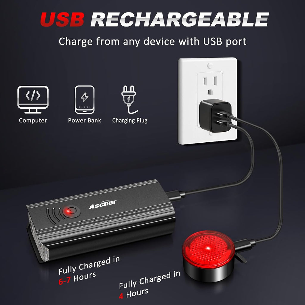 Ascher Ultra Bright USB Rechargeable Bike Light Set, Powerful Bicycle Front Headlight and Back Taillight, 4 Light Modes, Easy to Install for Men Women Kids Road Mountain Cycling