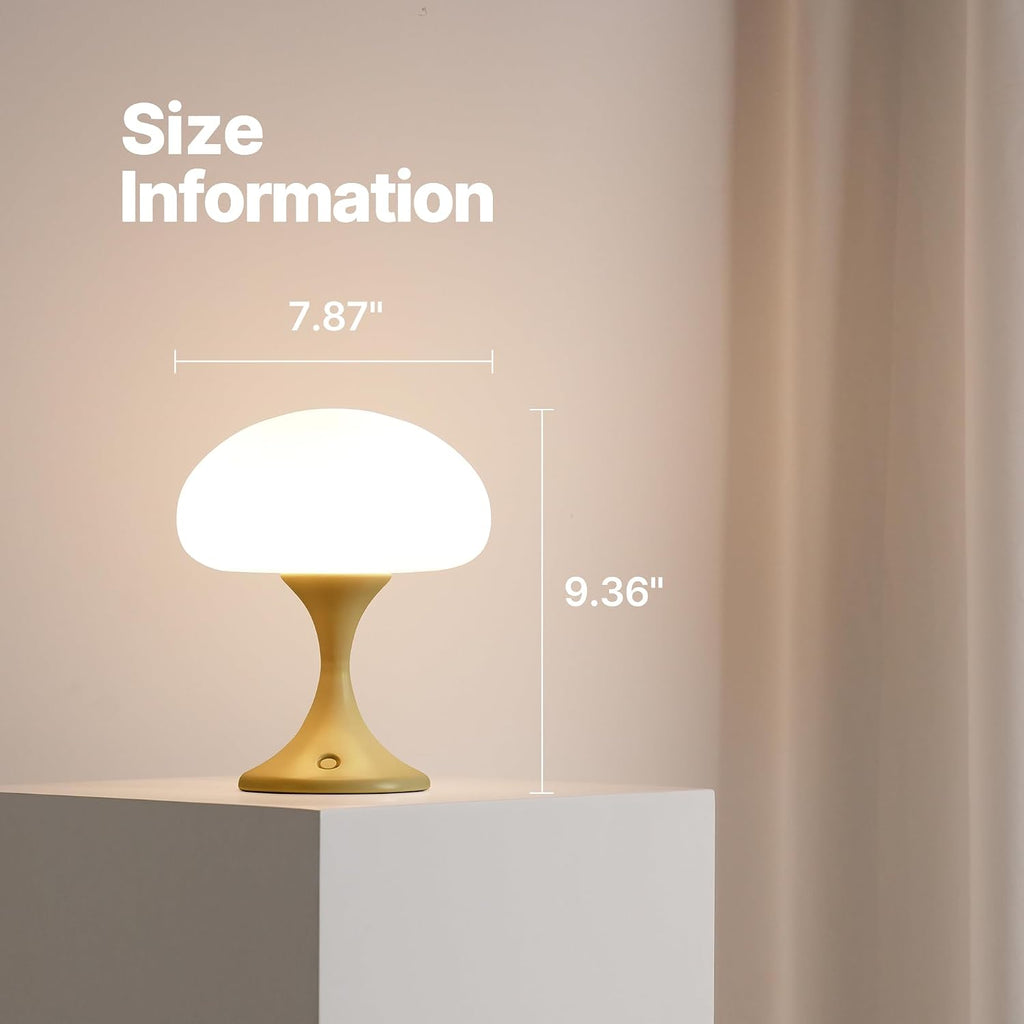 MAGCHARM Mushroom Lamp, 5W LED Cordless Rechargeable Table Lamp with Glass Shade, Small Retro Dimmable Touch Light with 3 Color Temps, Aesthetic Mid Century Bedside Light for Bedroom Ambient, Mustard