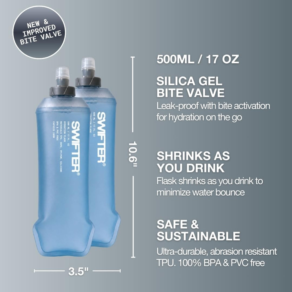 SWIFTER 2x Soft Flask 500ml | Running, Hiking, Cycling Hydration Flask | Collapsible, Leakproof, Reusable | Matt Finish, Sky Blue