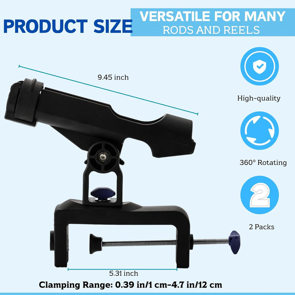 ZENFUN 2 Pack Fishing Boat Rods Holder, 360 Degree Rotation Adjustable Fishing Rods Racks, Large Clamp Opening Folding Rod Holder for Canoe, Kayaks, Easy Installation, Bonus Screws