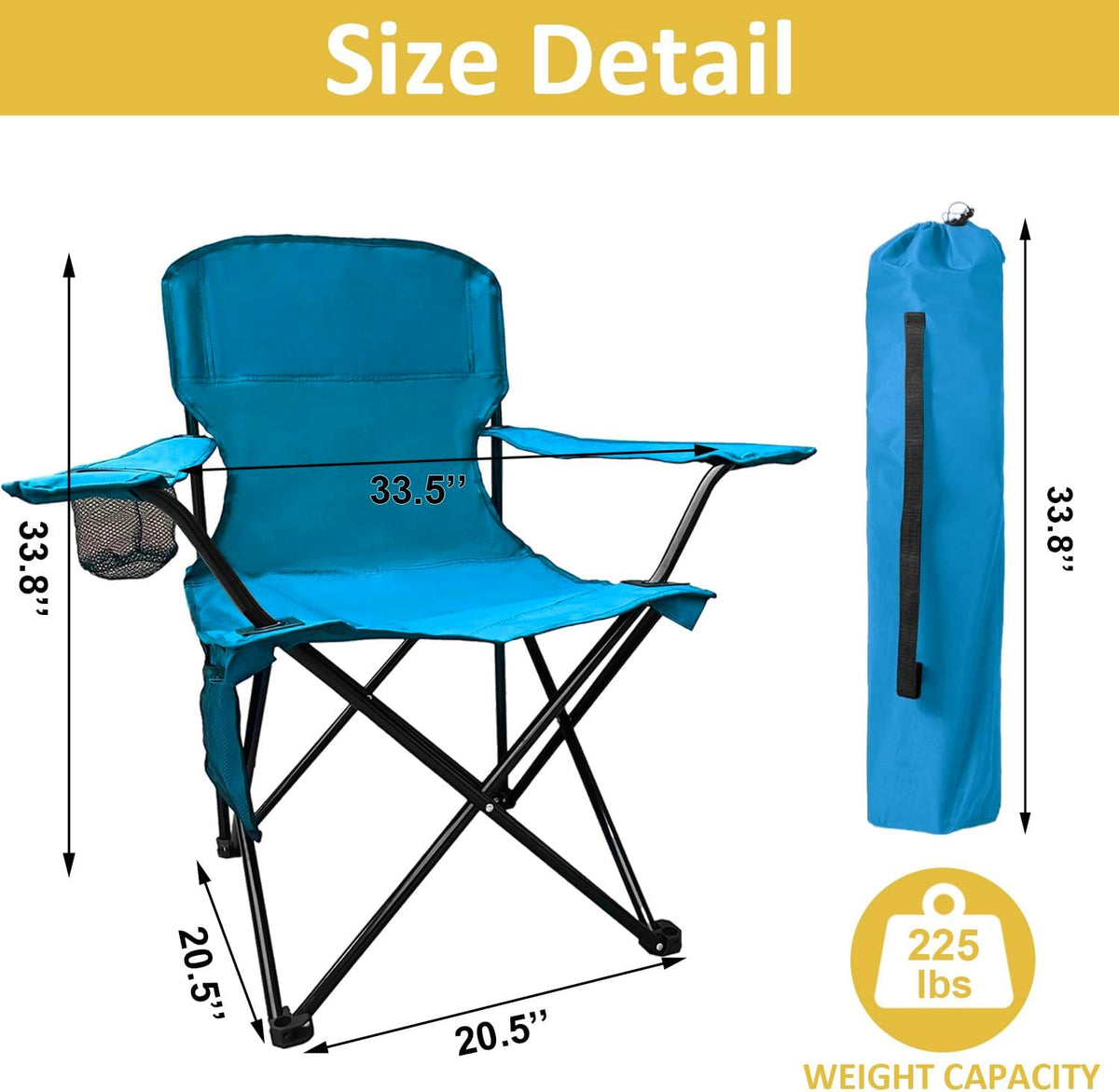 Folding Camping Chair with Cup Holder & Storage Bag, 225lbs Capacity, Large Anti-Sink Feet, Breathable PE Coated Fabric for Outdoor, Hiking, Beach, Fishing, Backpacking, 2PCS Blue