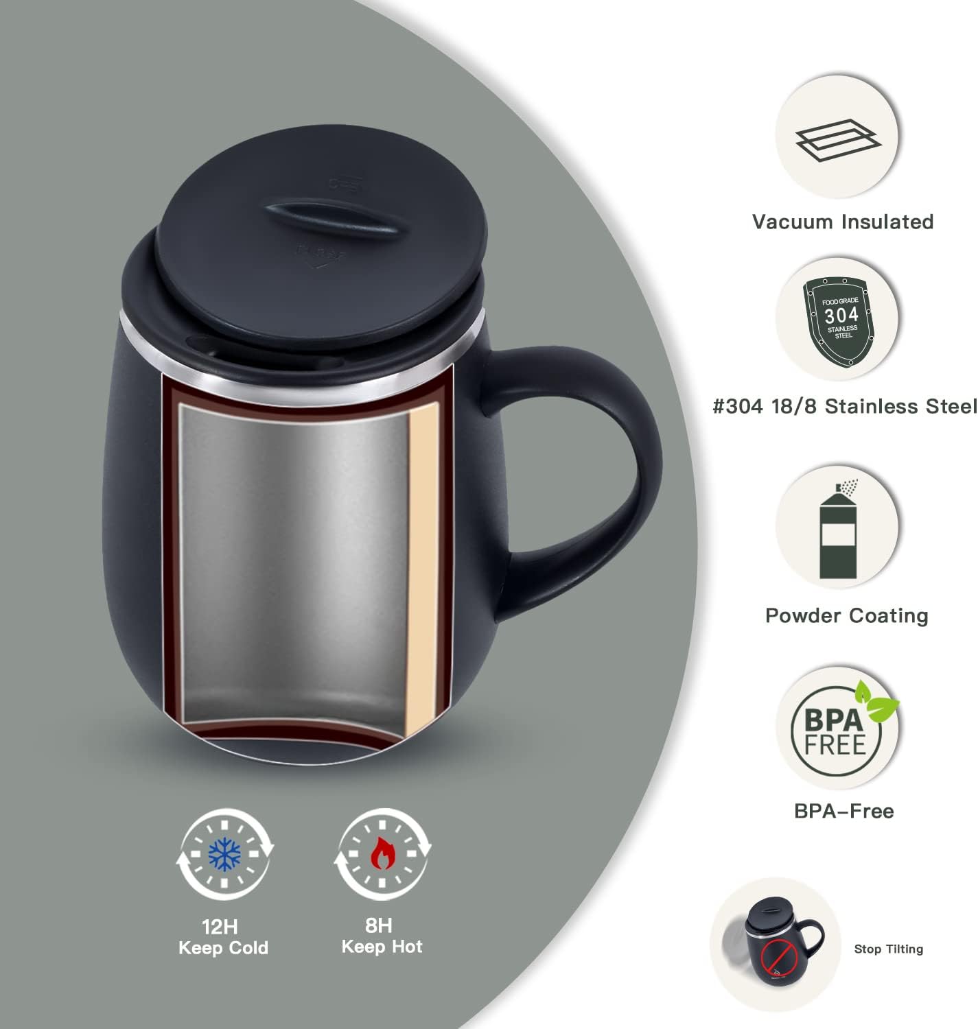 Ideus 16 oz Insulated Coffee Mug with Handle and Lid (Storm Black)