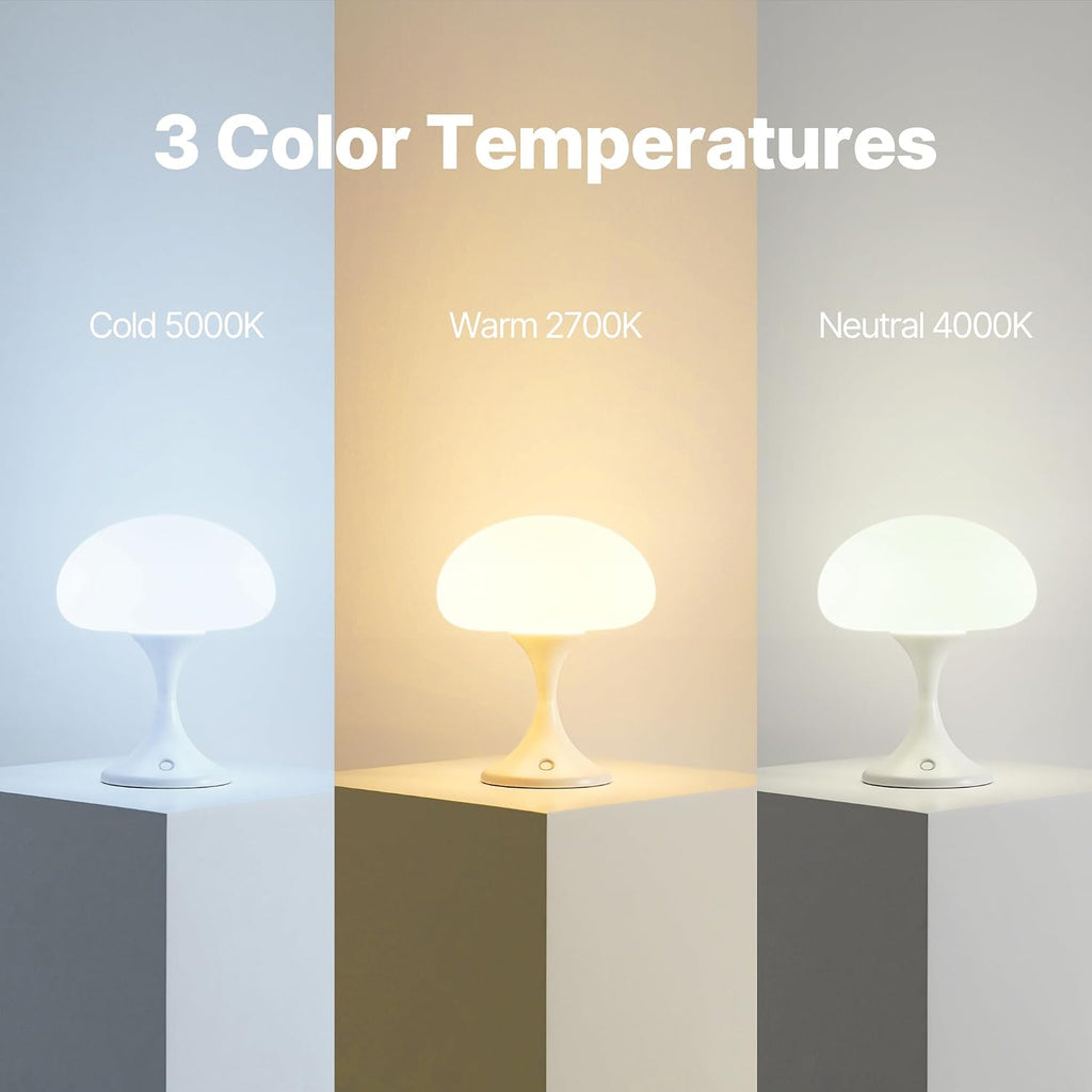 MAGCHARM Mushroom Lamp, 5W LED Cordless Rechargeable Table Lamp with Glass Shade, Small Retro Dimmable Touch Light with 3 Color Temps, Aesthetic Mid Century Bedside Light for Bedroom Ambient, White