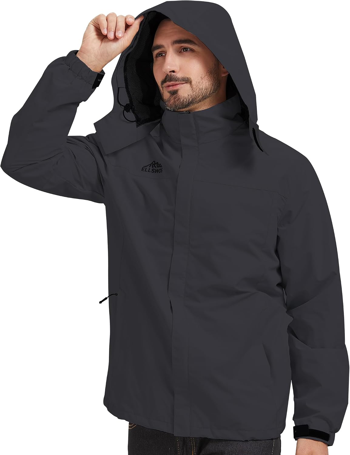 ELLSWOS Men's Lightweight Waterproof Rain Jacket with Detachable Hood