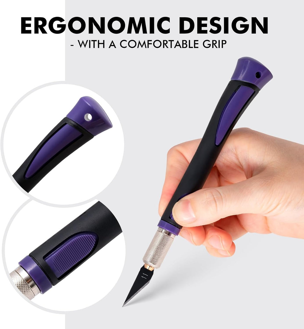 FOSHIO Precision Exacto Knife Set, 2 Pack Craft Knife with Extra 20 Exacto Blades, Hobby Knife Set with Protective Cover Rubber Handle for Crafts, Arts, Stencil, Modeling, Trimming, Carving (Purple)
