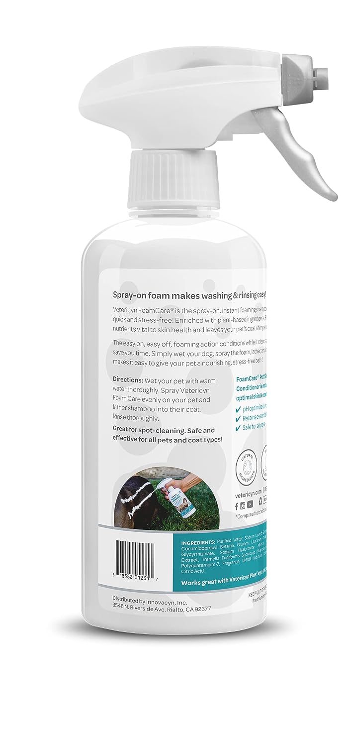 Vetericyn FoamCare Dog Shampoo and Conditioner - Instant Foaming, Spray-On Hypoallergenic Shampoo, Plant-Based Formula for Dogs and Cats. 16 Ounce