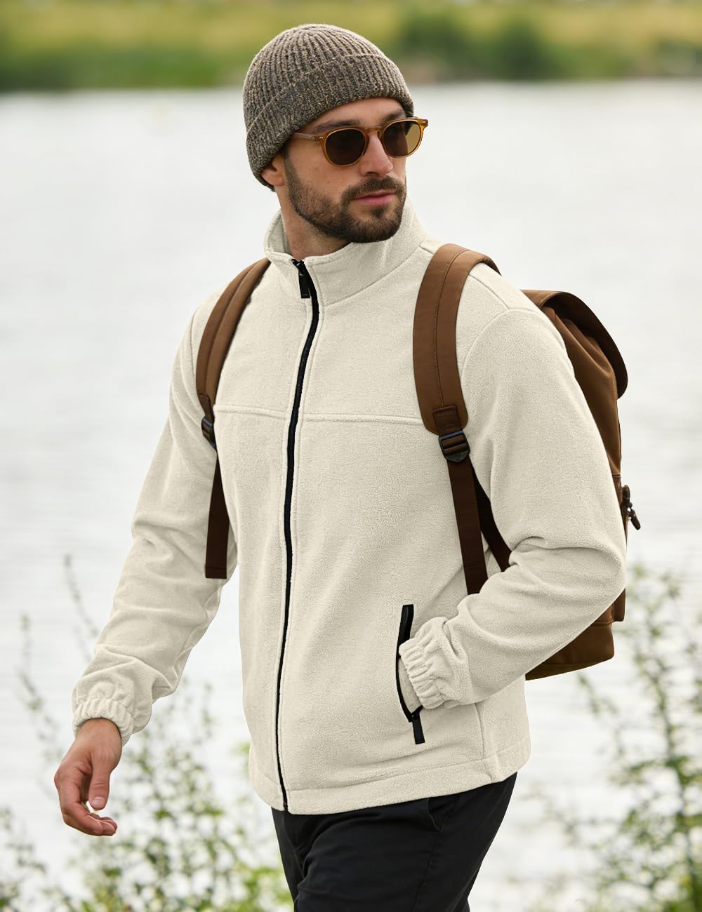 Mens Polar Fleece Jacket Full Zip Lightweight Casual Outdoor Jackets Stand Collar Warm Coats with Pockets