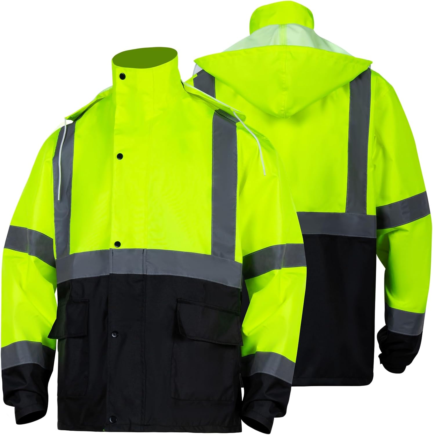 Class 3 High Visibility Rain Suit With Detachable Hood Waterproof Lime Reflective Safety Worker Jacket & Pants (L/XL Yellow)
