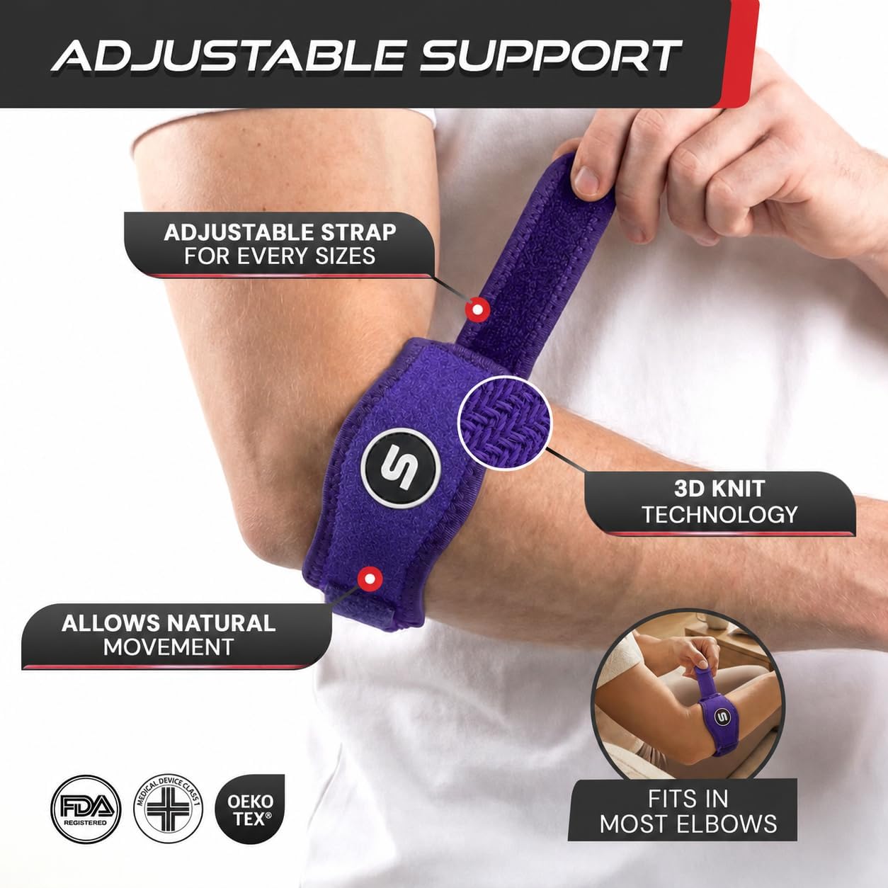 Sleeve Stars Tennis Elbow Brace for Men & Women, Elbow Brace for Tendonitis, Tennis Elbow Strap, Golfers Elbow Brace, Elbow Support Wrap for Tennis Elbow Relief, Fits 9"-23" (Single/Dark Purple)