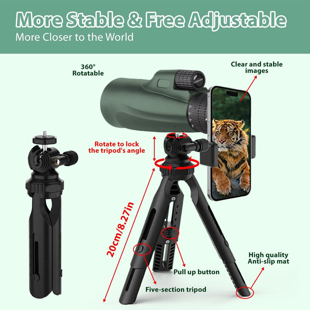 Monocular Telescope 80x100 Wide Field HD Monoculars for Adults with Tripod & Phone Adapter Perfect for Bird Watching Hiking & Outdoor Activities -Green
