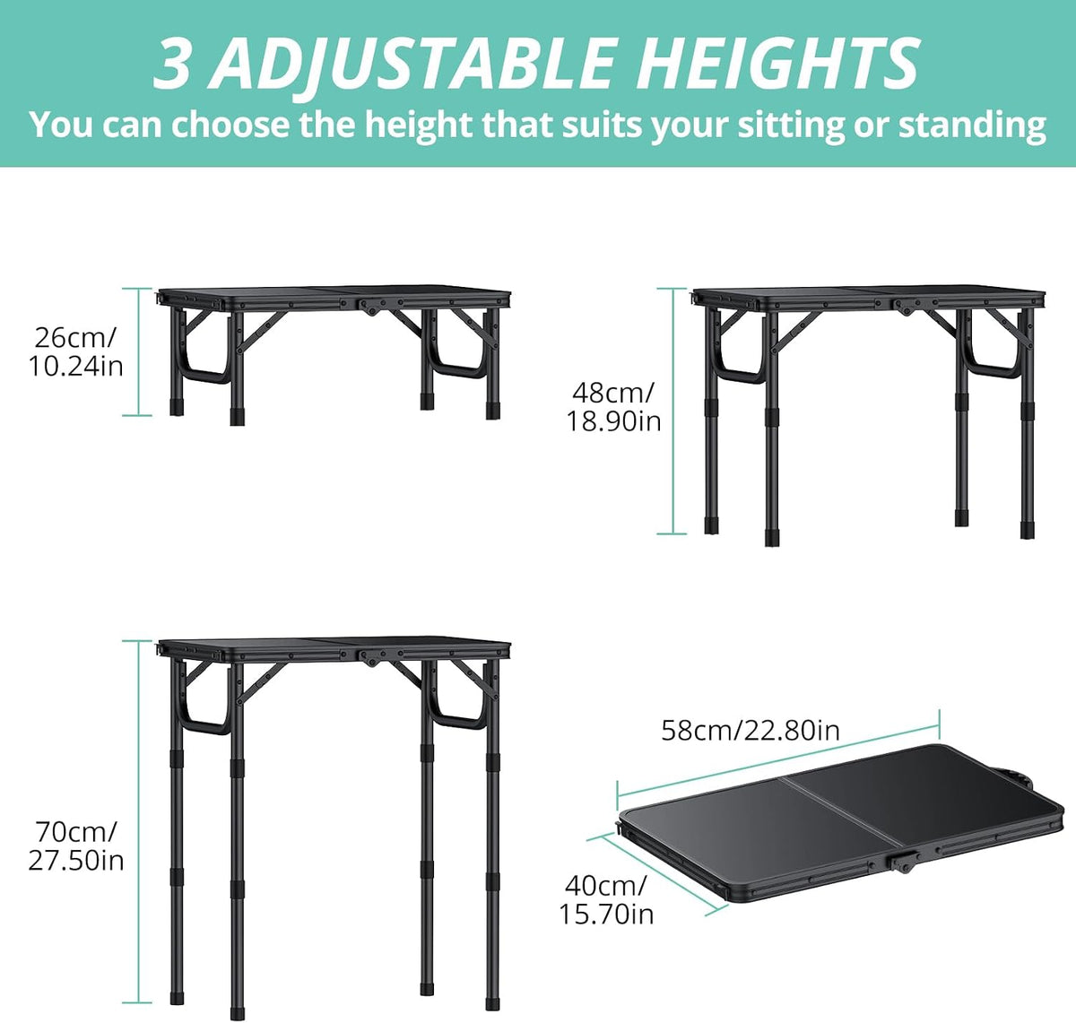 VINTEAM Camping Folding Table with Adjustable Height, Lightweight Portable Outdoor Picnic Table, BBQ Grill Side Table, Durable Aluminum Frame, MDF Desktop for Camping, Fishing, RV, Beach (Black)
