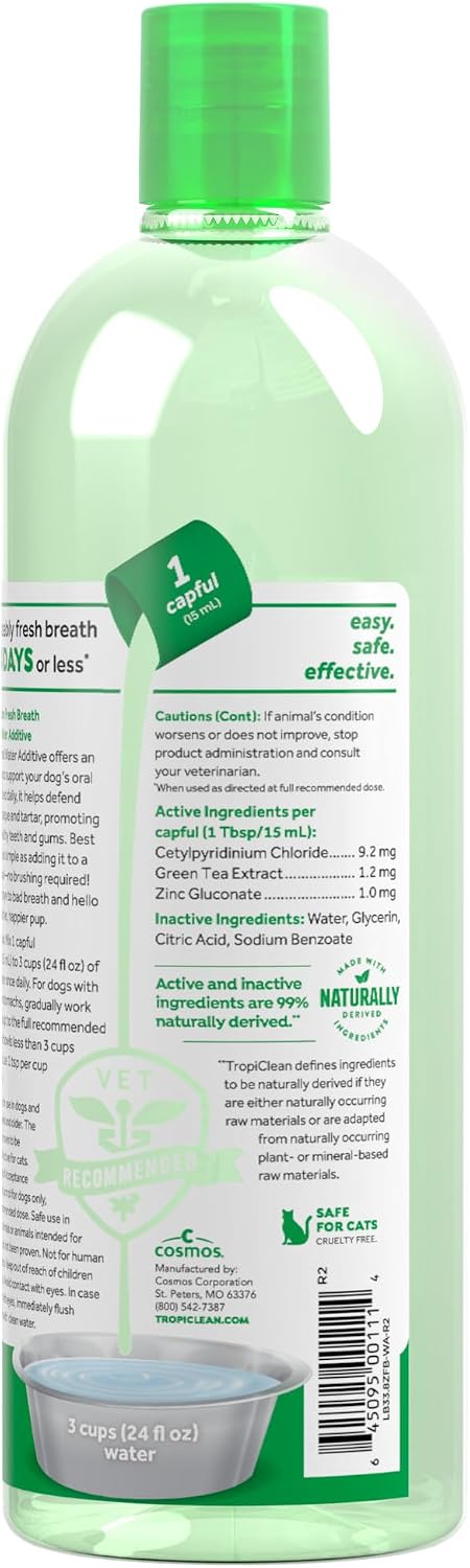 TropiClean Fresh Breath Dental Water Additive, Dog Breath Freshener, 33.8oz