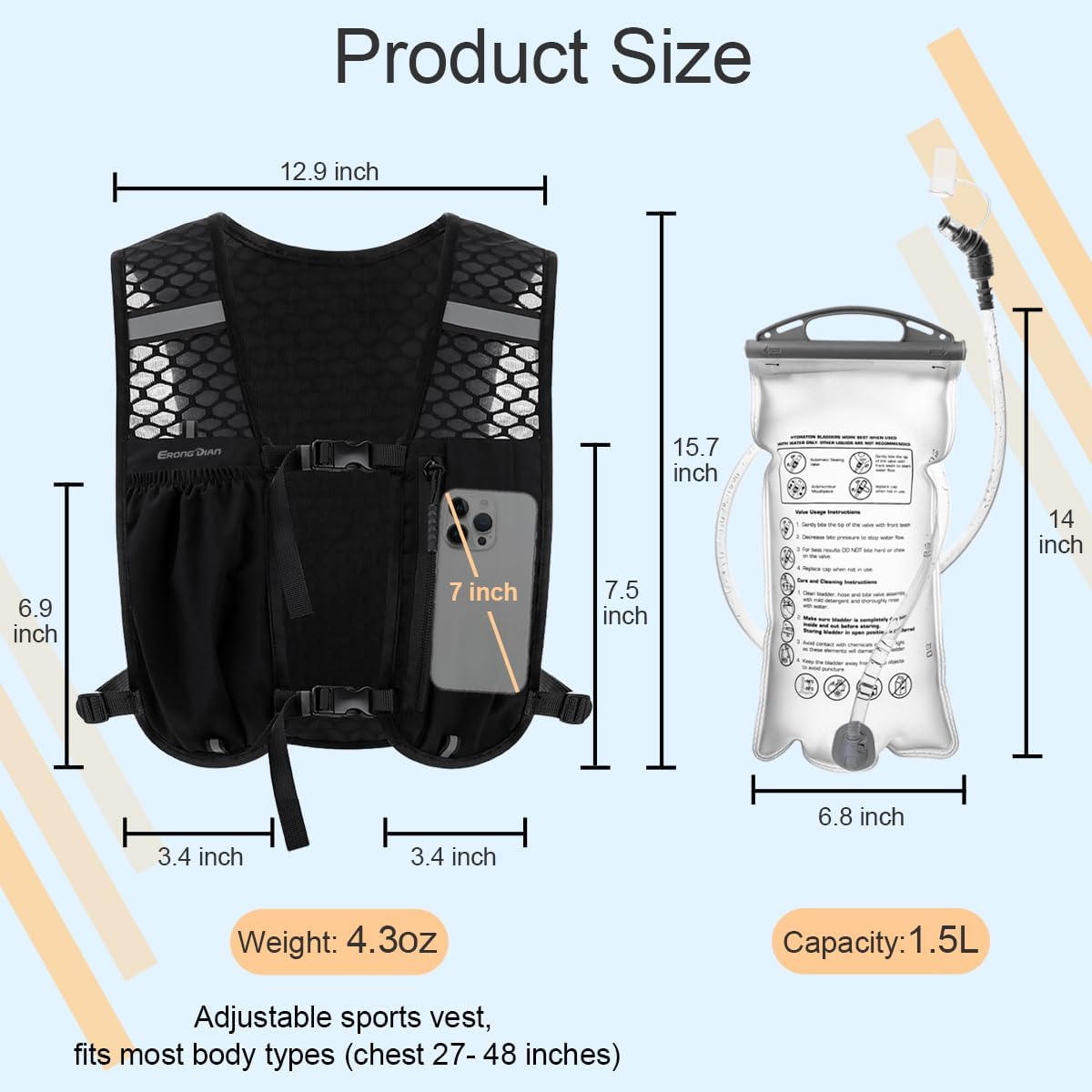 Running Vest Hydration Backpack for Men Women, Lightweight Breathable Hydration Packs, Adjustable Chest Straps Daypack, Reflective Water Running Vest for Marathon, Trail, Hiking, Cycling