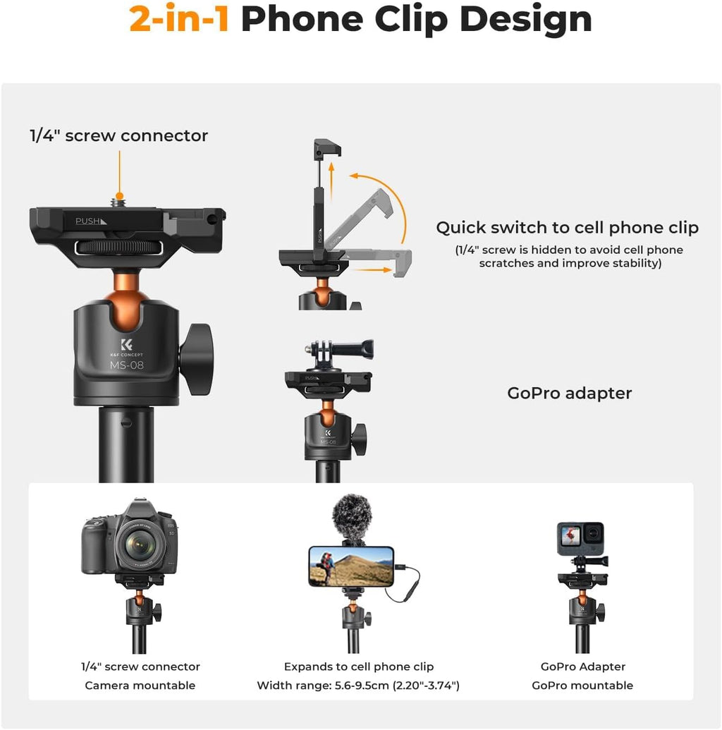 K&F CONCEPT 62'' Phone Selfie Stick Tripod