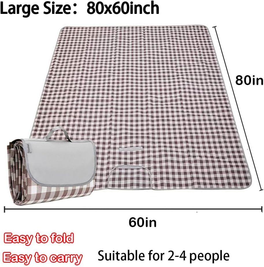 LRUUIDDE Oversize Picnic Beach Blanket, 80''x60'' Outdoor Waterproof Foldable Sandproof Blankets Plaid Picnic Mat for Beach Camping on Grass Picnic Blankets (Brown, 80x60in)
