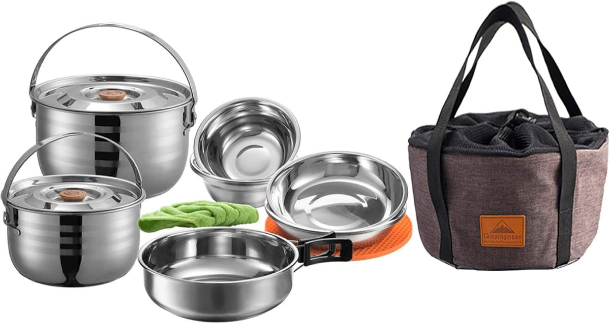 CAMPINGMOON Camping Cookware Set Stainless Steel Outdoor Nesting Cooking Mess Kit Pots Pans Bowls with Storage Carrying Tote Bag