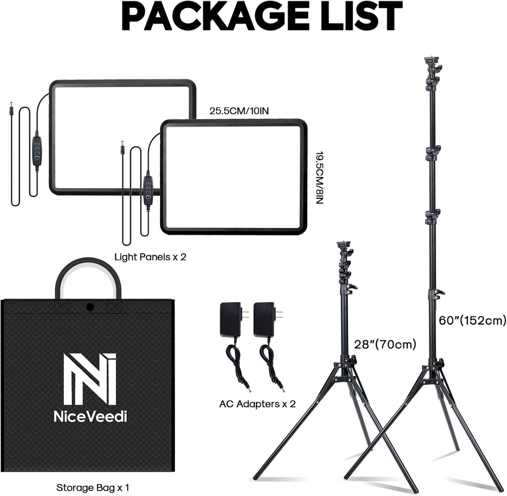 2-Pack Photography Lighting Kit, NiceVeedi 25W LED Video Light Kit, 2900-7000K Dimmable Studio Light with Tripod Stand, 73" Stream Light for Video Recording