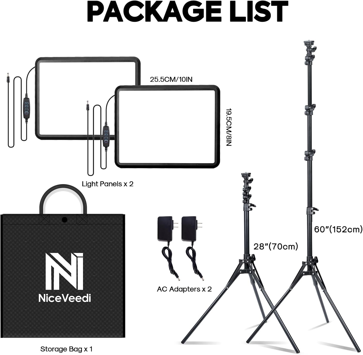 2-Pack Photography Lighting Kit, NiceVeedi 25W LED Video Light Kit, 2900-7000K Dimmable Studio Light with Tripod Stand, 73" Stream Light for Video Recording