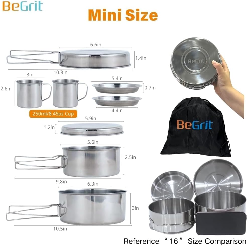 BeGrit Stainless Steel Camping Cookware Pot and Pan Set for Backpacking