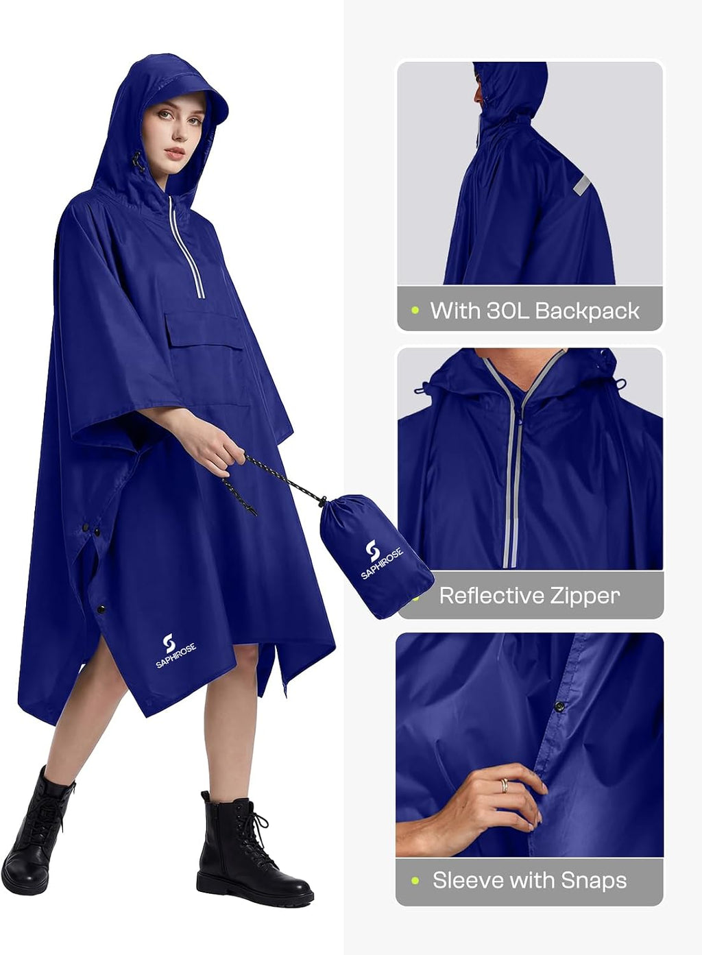 SaphiRose Hooded Rain Poncho Waterproof Raincoat Jacket for Men Women Adults