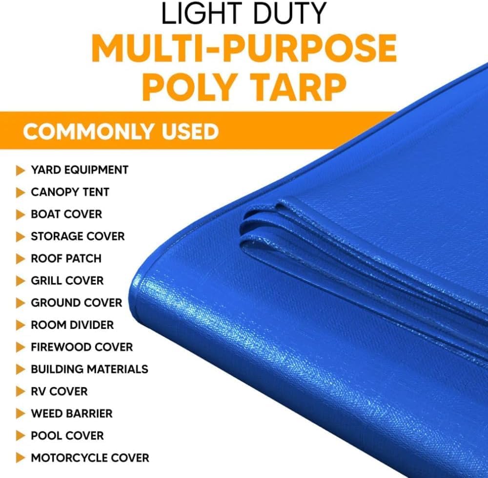 TarpsPlus Light-Duty 6 Mil Poly Tarps, Waterproof & Tear Resistant Temporary Cover, Multi-Purpose Tarp for Cars, Garden, Equipment, Camping & Outdoor Use, Blue 20' x 20'