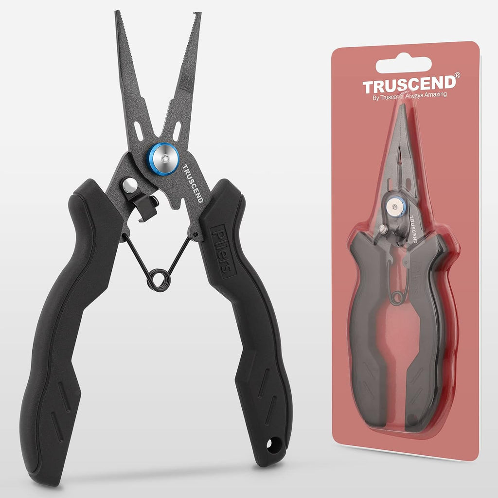 TRUSCEND Easy Use Fishing Pliers with Line Cutter, Stainless Steel Fishing Tools, Muti-Function Hook Remover and Split Ring Plier Set, Spring-Loaded Jaws & Ergonomic Grip, Fishing Gear Gifts for Men