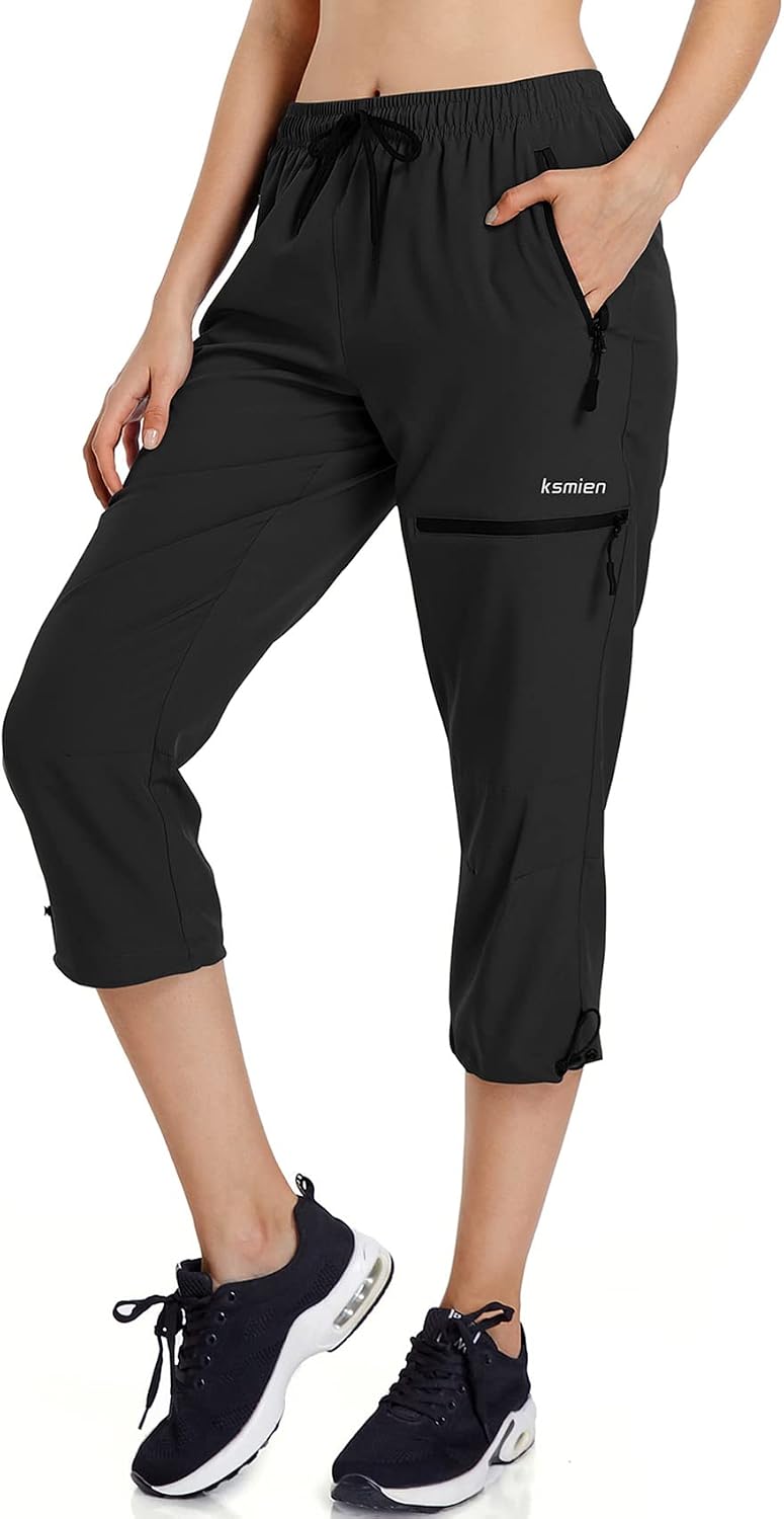 Ksmien Women's Hiking Cargo Capri Pants Quick Dry with Zipper Pockets