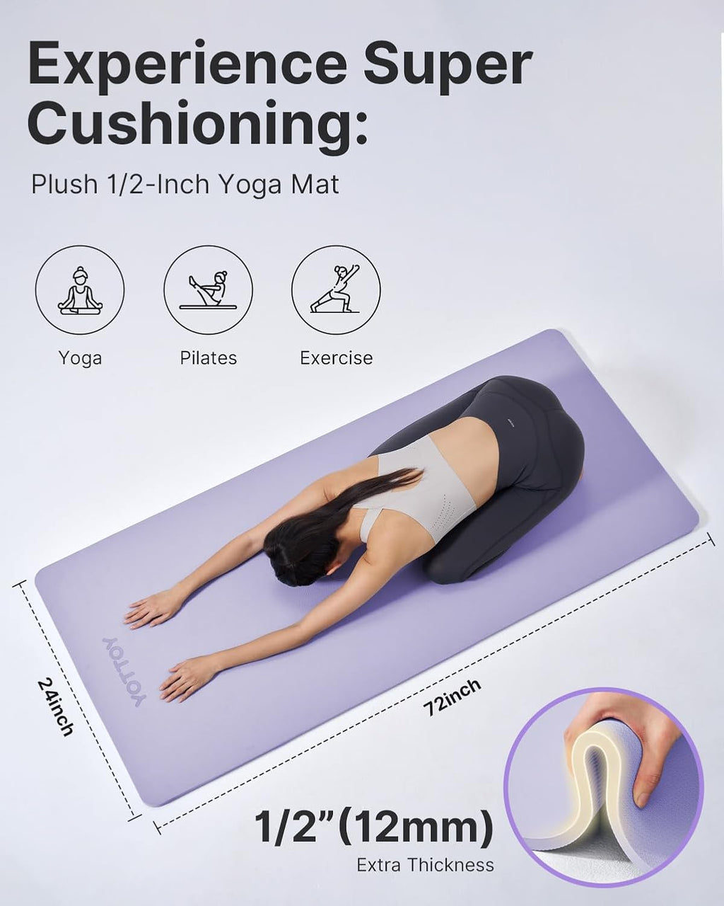 YOTTOY Yoga Mat，Extra Thick Yoga Mat (1/2inch),Professional TPE Exercise Mat,Non-Slip Workout Mat for Yoga, Pilates, Fitness, Barefoot Workouts, Home Gym Studio with Strap