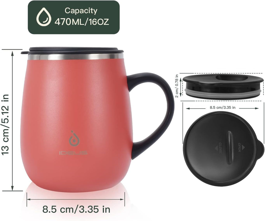Ideus 16 oz Insulated Coffee Mug with Handle and Lid (Jellyfish Red)