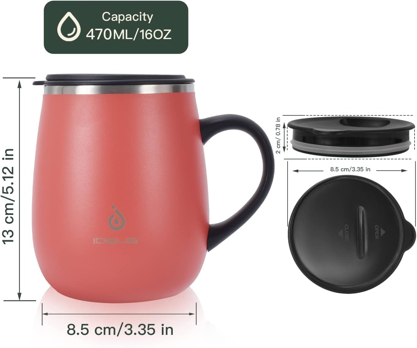 Ideus 16 oz Insulated Coffee Mug with Handle and Lid (Jellyfish Red)