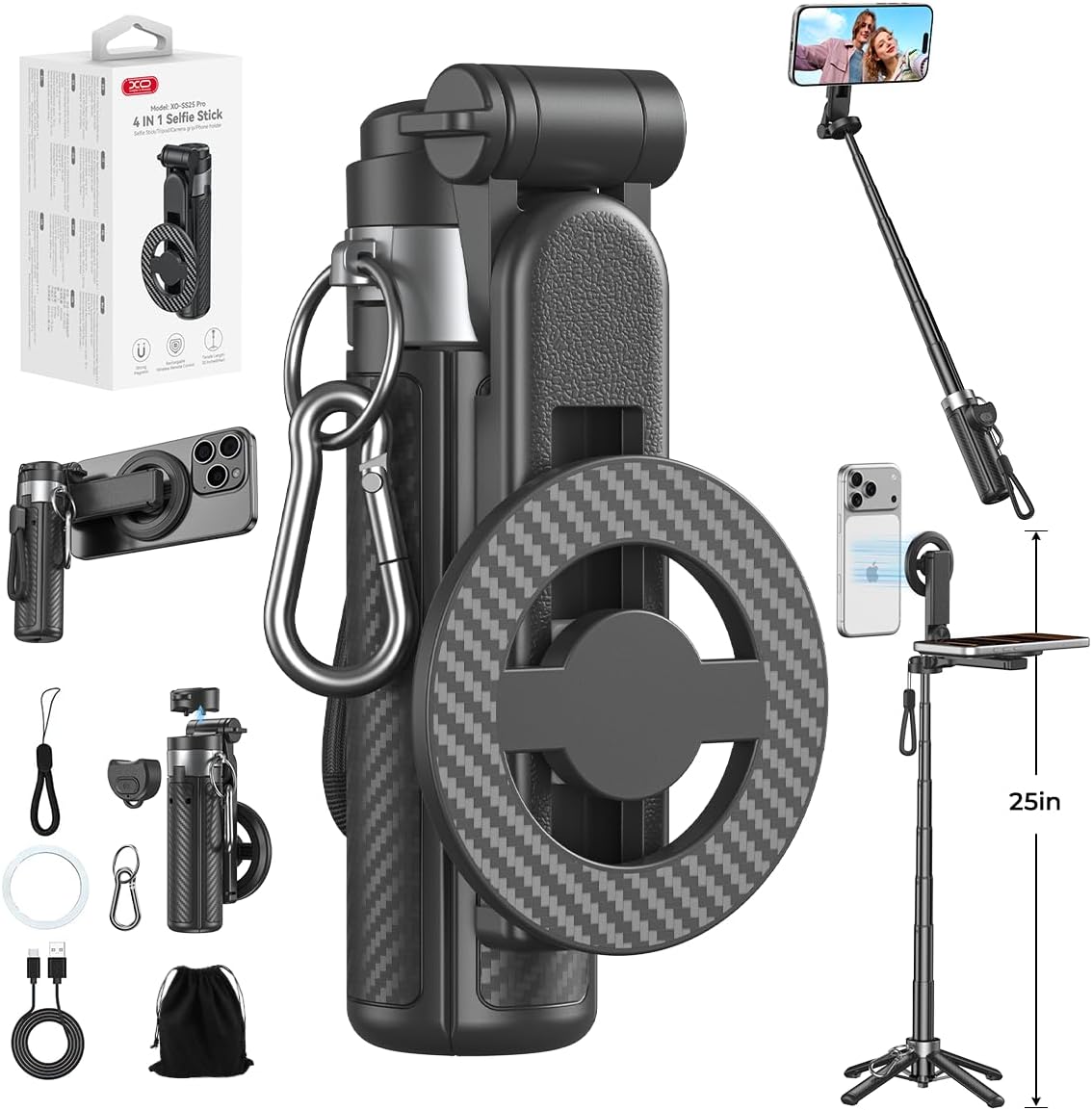 Upgrated 5-in-1 Magnetic Selfie Stick with Remote for Cell Phone 360° Rotation.Can Transforms into Mini Tripod/Camera Grip/Handheld Stabilizer/Phone Stand.Extend to 25 inches