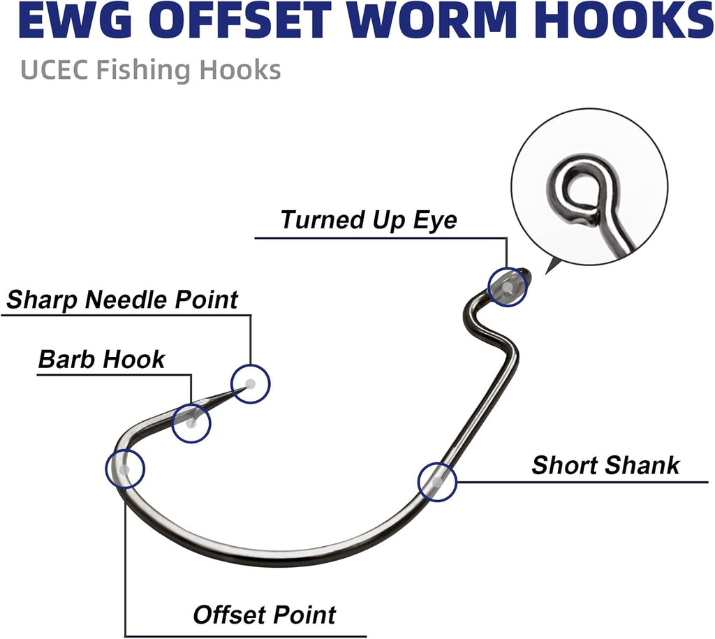 UCEC EWG Fishing Hooks, Offset Worm Hooks for Bass Fishing Hook Texas Rig