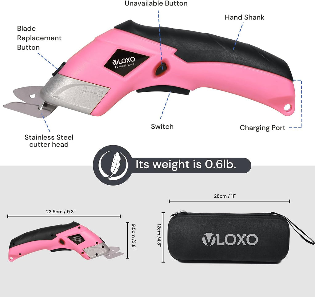 VLOXO Cordless Electric Scissors Cardboard Cutter with 2 Type Blades Rechargeable Powerful Shears Cutting Tool for Fabric Electric Box Cutter Leather Felt with Charger & Storage Box-Pink