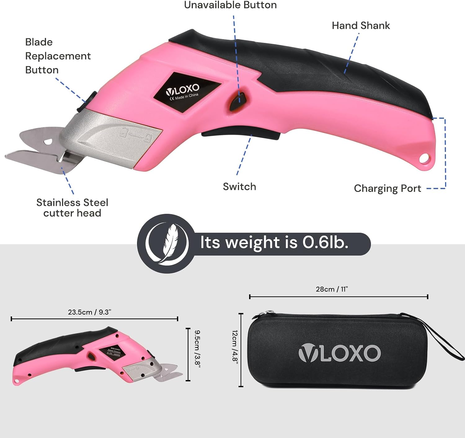 VLOXO Cordless Electric Scissors Cardboard Cutter with 2 Type Blades Rechargeable Powerful Shears Cutting Tool for Fabric Electric Box Cutter Leather Felt with Charger & Storage Box-Pink
