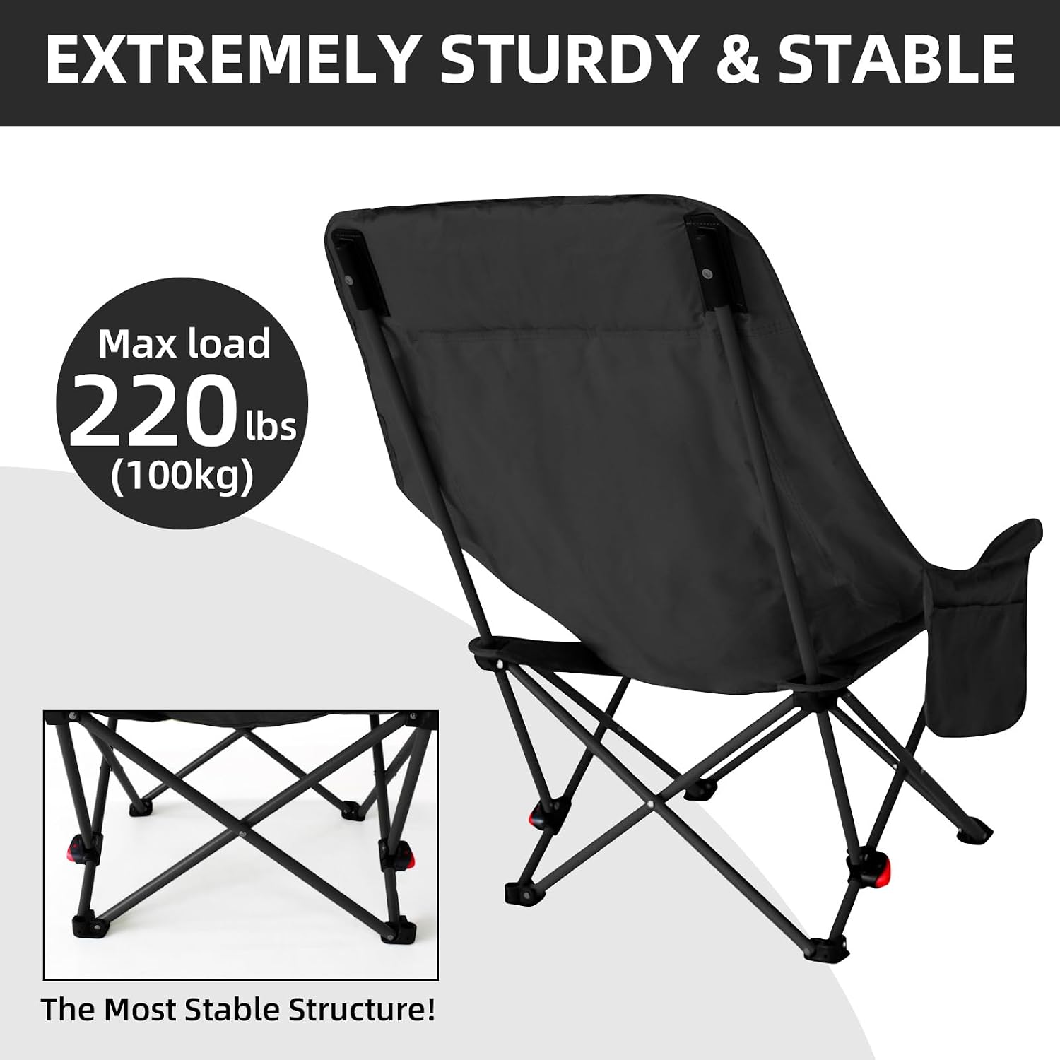 Camping Chairs for Adults, Beach Chairs for Adults, Lawn Chairs with Adjustable Backrest Suitable for Patio/Fishing/Beach/Camp, Includes A Storage Bag (Black)